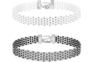 Flongo Damen Choker Halsband Kristall Perlen Strass Halsketten 2 Stück Set weiß schwarz gold Edelstahl Tattoo Kette Schmuck glitzer verstellbar Geschenk Kinder Mädchen Frauen
