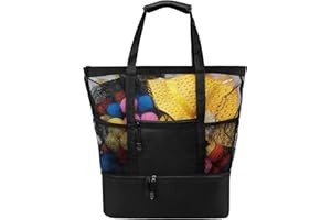 OZNTPCN Large Beach Bag Double Layer, Multipurpose Mesh Bag Tote Bag, Quick Dry Sand Bag Swim Bag with Insulated Storage for Picnic, Travel, Shopping and Gym