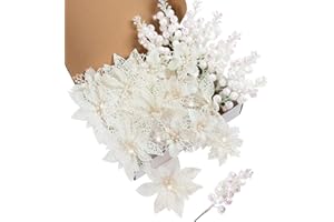 XMASTELL Poinsettia Artificial Flowers Set, 22 Pcs Christmas Flowers for Tree with 16 Poinsettia & 6 Berries Picks, Xmas Tree Flower Decorations for Festive Home Decor White
