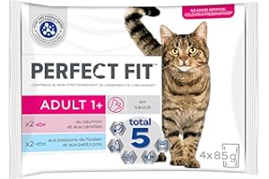 PERFECT FIT Repas pour Chat Adulte Stérilisé - 52 Sachets Fraîcheur (Lot de 13 Packs de 4x85g) - Pâtée pour Chat en Sauce au Saumon / aux Poissons blancs - Nourriture Complète & Equilibrée