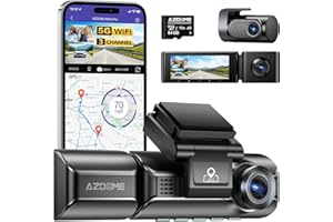 AZDOME 3 Canales 2K+1080P+1080P Cámara de Coche 5Ghz WiFi GPS Dashcam con IR Visión Nocturna, Gran Angular, Sensor G, Grabación en Bucle, Modo Estacionamiento 24H, Tarjeta de 64G (M550Pro-3CH)
