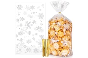 Kiiwah 100 Pièces Sacs à Biscuits de Noël, Sachets de Bonbons Friandises Cellophane Transparents Flocon, Cadeaux Pochette avec Cravates Torsadées pour La Fête d'Noël