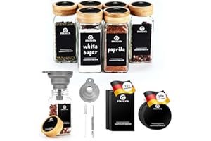 SAEIV 6 tarros de especias (tapa de bambú natural), tarros de especias con 2 tipos de tapas, recipientes para especias con 180 etiquetas, juego de tarros de especias de 120 ml, en la mesa de comedor