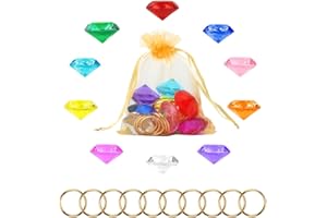 PEUTIER Chaos Emeralds and Rings Set, Include 10pcs Acrylic Crystal Diamond Gems with 10pcs Gold Power Rings Pirate Treasure Hunt Jewels for Kids Birthday Party Favor Supplies Cake Decoration