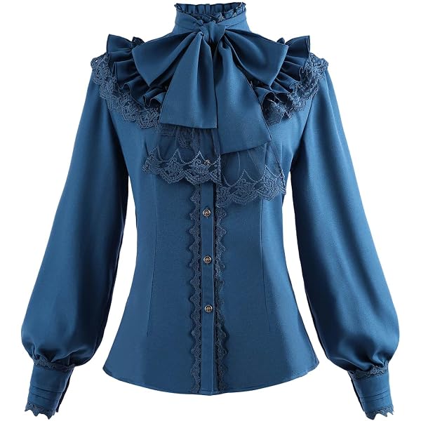 Belle Poque Camicia Vintage Donna A Maniche Lunghe - Scollo A V Con Tasca E Schiena Increspata