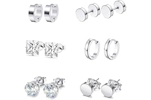 QINCLING 6 Pairs Silver Earrings Studs, Stainless Steel CZ Screw Studs Cartilage Earrings Hoops Barbell Ear Plugs Ear Piercing Triangle Screw Studs Earrings Endless Round Huggie Hoop Men's Earrings