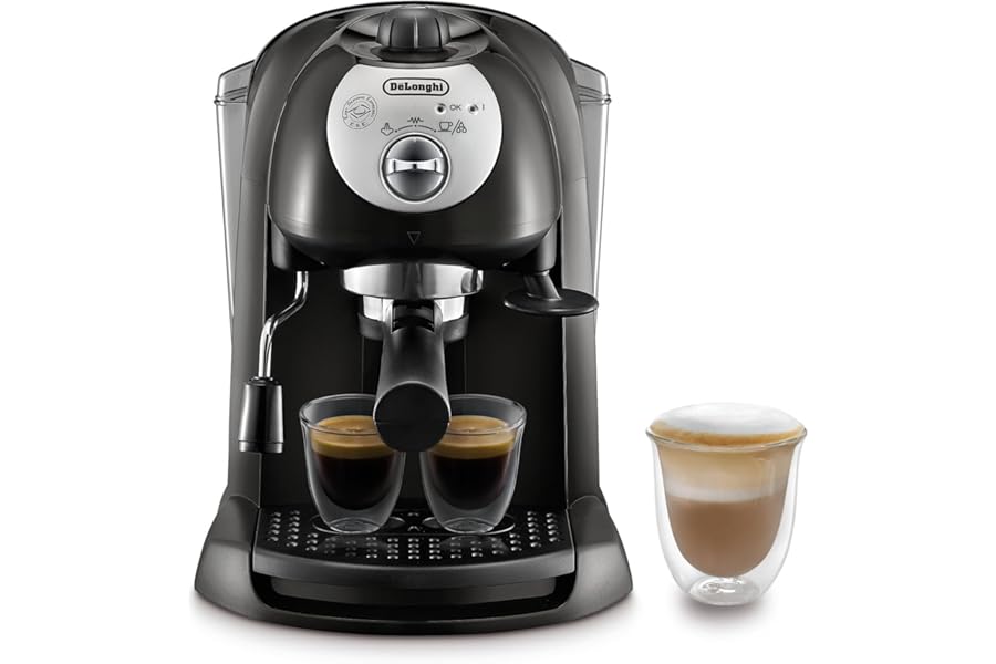 De'Longhi EC201.CD.B Coffee Machine for Espresso and Cappuccino for E.S.E. Coffee Powder or Pods Manual Milk System, Easy to Use, Removable Tank 1.1 L, Stainless Steel Boiler