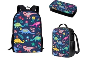 Biyejit Cartoon Dinosaur Kids Backpack Teen Boys School Book Bag with Lunch Box Pen Case 3 in 1