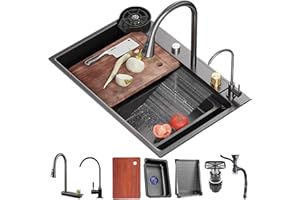 MIMRTIMI Évier de Cuisine Cascade Raindance Évier Cuisine en Acier Inoxydable 304 avec robinet rétractable comprend un kit de plomberie complet