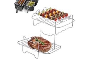 ASWEWIXI 2 Pcs Air Fryer Rack, Dual Airfryer Racks Stainless Steel, Grilling Rack with 4 Skewers, Compatible with Ninja Food Dual Zone Air Fryer AF300UK AF400UK, for Double Basket Tower Air Fryers Accessories
