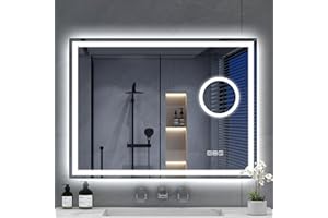 ‎S'BAGNO S'bagno Bluetooth Badezimmerspiegel mit Beleuchtung 80x60cm, Badspiegel mit Beleuchtung und 5fach-Lupe, Entfoggen, 3000K/4000K/6500K, Dimmbar, Speicher, HD-gehärtetes Glas, IP44 LED Badspiegel