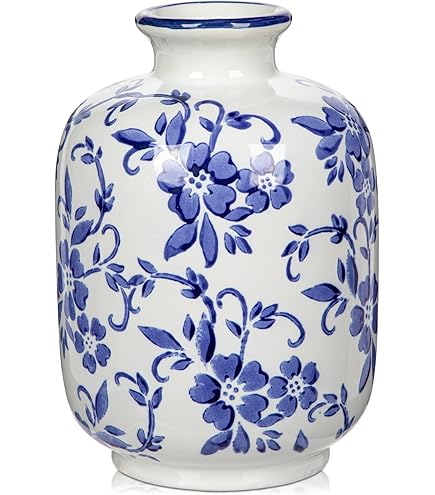 fanquare Blauwe en witte porseleinen vaas, Chinese Ming-stijl, pruimenbloesem en vogelpatroon, hoogte 35 cm