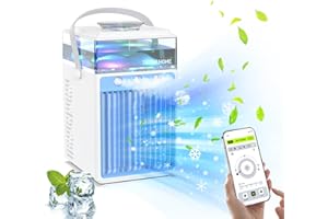 TIPTOP HOME Aire Acondicionado Portátil, 4 en 1 Mini Enfriador de Aire Portátil Ventilador de Enfriamiento de Aire Personal Pequeño USB con 7 Colores LED, 3 Modo niebla y 3 Velocidades para Coche, Oficina, Hogar