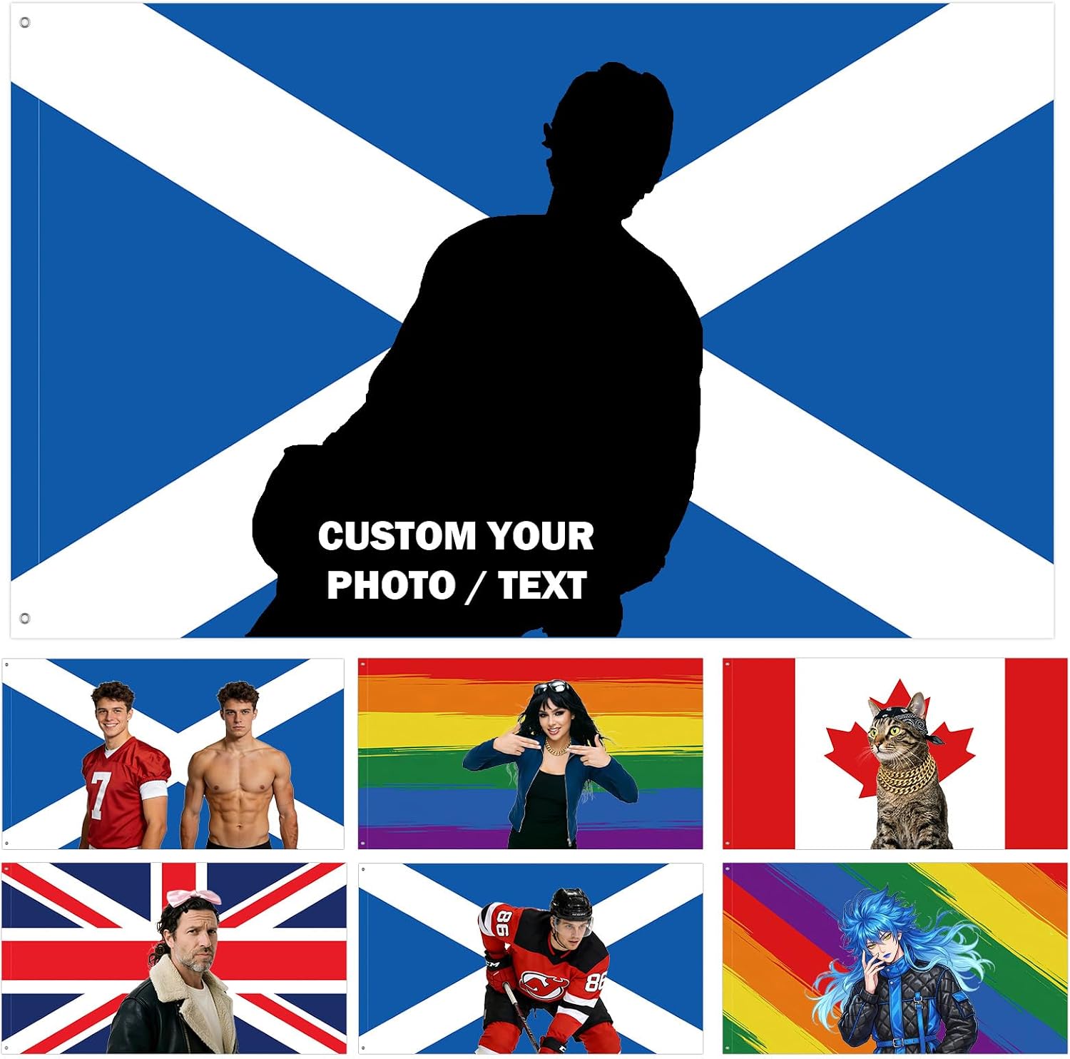 Custom Scottish Flag-Personalised Scotland Flag with Picture Photo Logo Text-Custom Scottish Tapestry Banner for Competitions,Soccer Party Bar Garden Festivals Dorm Decoration Indoor Outdoor