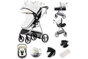 Kakbgee Cuirs Poussette Combinée 3 en 1, Poussettes Citadines Avec Siège Auto ECE R129, Poussette Portable Pliant en Un Clic, Nacelle Souple Convertible Cadre en Aluminium Pour Nouveau-né 0-4 years