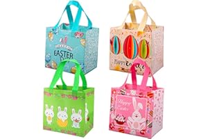 BAPOLE 4 Pack Easter Tote Bags with Handles,Large Easter Gift Bags Reusable Bunny Egg Hunt Party Treat Bag Waterproof Grocery Shopping Goodie Bag for Holiday Favors Non-Woven Bag for Kids