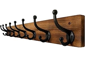 WEBI Percheros Pared Madera,8 Ganchos de Hierro Fundido,Percha Pared,Colgadores Pared Para Abrigos,Chaqueta,Marrón