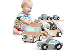 VANPLAY Juguetes Niños 1 Año Montessori Juguetes de Madera Coches Juguete con 4 Mini Coches de Juguete Regalos para Niños de 1 2 3 Año