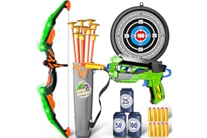 Doloowee Arc et Flèches pour Enfants Jouets avec Lumières LED - 27Pcs Archery Set Includes 1 Bow, 10 Suction Cups Arrows Target and Quiver, Play Indoor and Outdoor fo Boys Girls Toys