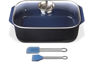 GSW 800419 Ceramica Bleu Cobalt Induction Plat à Rôtir Rectangulaire avec Couvercle Protection de l'Arôme en Verre 40 x 26 x 11 cm/Env. 8 L – avec Pinceau Set de 2 pièces