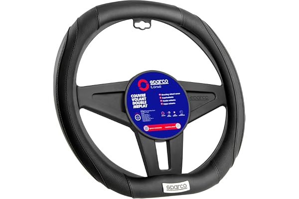 Housse de Volant Sparco à Base Plate Noire 35 cm | Design Sportif antidérapant et Ergonomique | Compatible avec Peugeot 208, 308, 508, 2008, 3008, 5008 | Installation Rapide