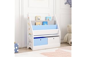 [en.casa] Scaffale per Cameretta con Contenitori a Scaletta per Libri e Scatole Pieghevoli Porta Giochi - Mobile a Misura di Bimbi in Design Koala - Blu/Bianco