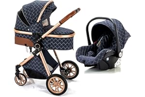 YAZOCO Poussette 3 en1 Compacte Poussette 0-36kg CombinéEs Anstout Terrain Luxe Haut Paysage Quadruple Bébé Pliable Canne Poussettes Confort Accessoires Auto Siège (Bleu)