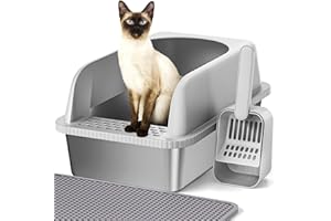 Vailge Cat litter Tray Stainless Steel, Large 20L High-Sided Litter Box with Litter Scoop & Mat, Metal Cat Litter Tray for Medium Cats, 51x36x30cm, Single Pack