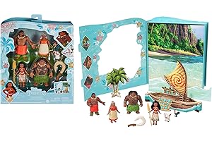 DISNEY PRINCESS Mattel Księżniczka Disneya Vaiana Klasyczny zestaw książka z 6 najważniejszymi bohaterami, małe lalki, figurki i akcesoria inspirowane filmem Disneya, prezenty dla dzieci HPG71