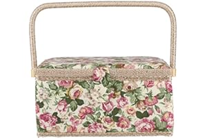 ESTINK Large Sewing Basket - Fabric Floral Printed Craft Storage Box with Handle for Accessories, Kits and Embroidery Tools, Rural Style, 12.0 x 9.1 x 6.1inch