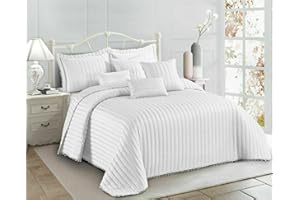PRIME LINENS 3 Piece Quilted Bedspread Embossed Pattern Pom Pom Comforter Bedding Set Bed Throw with 2 Pillow Shams (Pom Pom White, Double)