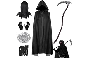 SUPERUM Sensenmann Kostüm Kinder mit Gebogene Sense & Separate Maske - 6er Set - Gruselige Halloween Kostüm Junge Sensenmann Umhang Schwarze 98-118 Grim Reaper Tod Dementor Costume Cosplay Outfit Party