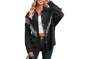 WIEIYM Women's Rhinestones Fringe Jacket Glitter Button Down Shirt Concert Outfits Long Sleeve Tassels T-Shirt Sequins College Party Jackets