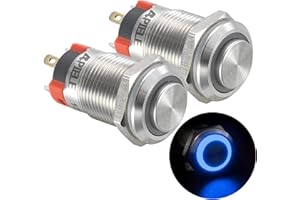 APIELE 2 Stücke 12MM Verriegelung Druckschalter 12V, Edelstahl Hervorstehend mit LED Ringbeleuchtung wasserdicht Latch Drucktastenschalter, Auto RV LKW Boot EIN/AUS Taste Schalter (blau)