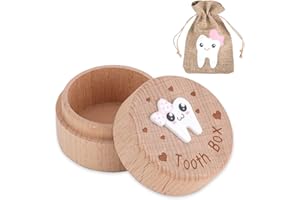 LIUCONGBD Wooden Tooth Fairy Box, 3D Cute Carved Tooth Holder with Bag for Kids, Keepsake Organizer for Storing Baby's Dropped Lost Teeth (Girl)