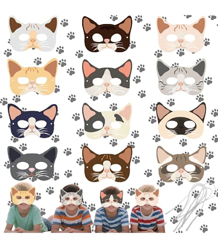 12 Máscaras De Gato De Cartón Para Niños – Diseños Variados Con Diadema Elástica, Ideales Para Cumpleaños, Halloween Y Carnaval
