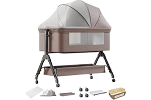 Doraystar Cuna Colecho Bebe, Minicuna Colecho Bebe Plegable Convertible, Cuna Next to me con Colchon, 5 Engranajes de Balanceo (X3 Khaki)