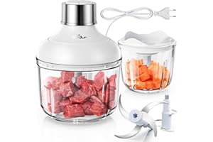 Bear 0.6L+2L Zerkleinerer Glas, 2 Geschwindigkeitsstufen, Häcksler mit 4-Edelstahlklingen und Fleischwolf, Glasbehälter Zerkleinerer für Fleisch,Babynahrung,Obst,Gemüse,Elektrisch Mini chopper