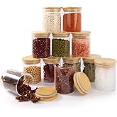 FoiiLiio 12 Bocaux à Épices Ronds en verre 200 ml avec couvercle en Bambou, RéCipient à ÉPices, Ensemble de Pots à ÉPices, Bo