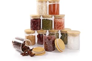 FoiiLiio 12 Stück Gewürzgläser Set mit Bambus Deckel, 200ml Gewürzdosen Set Glas, Gewürzbehälter Spice Jars, Gewürze Aufbewahrung, Gewürz Organizer, Gewürzaufbewahrung für Kräuter & Tee [6,5cm x 8cm]