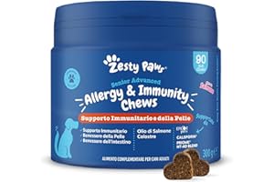 Zesty Paws Suplemento para Perros | Alivio de alergias e inmunidad | Antipicazón y Alivio de la Piel con antihistamínico | Aceite de salmón y Omega 3 | 90 Piezas