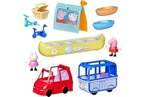 Greta Gris Peppa's Travels: Outdoor Adventure-lekset, 2 figurer med minibil och -buss, båtar, tält och mer, leksaker för förs
