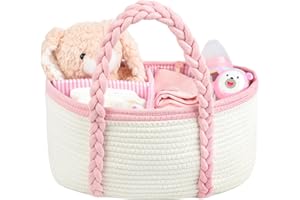 danpinera Baby Nappy Caddy Organiser – 100% Cotton Nursery Basket with Removable Dividers & Braided Handles, Portable Baby Caddy for Changing Table, Nappy Storage & Travel White&Pink