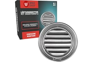 MKK Kratka wentylacyjna z moskitierą, okrągła kratka wentylacyjna ze stali nierdzewnej, Ø 75, 100, 110, 125, 150 mm, do garażu, kuchni, łazienki, Ø 75 mm