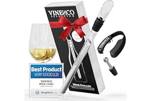 VINENCO Enfriador de Botellas de Vino Blanco, 3 en 1 Kit: Juego de Refrigeración (Acero) de Calidad + Tapón–Decantador + Aireador | Accesorios Bar, Idea Regalo Mujer Hombre Cumpleaños Fiesta Amigo Barman