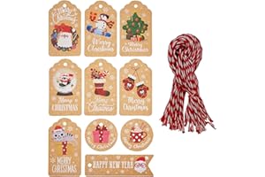 ZHIYE Christmas Tags, 50 Pieces 10 Styles Kraft Paper Tag Hang Labels with 50pcs Cotton String for Decorating Christmas Trees or Packaging