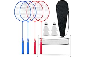 FK Sports 4 Player Badminton Set with Net, Outdoor Backyard Games, 4 Rackets, 4 Nylon Shuttlecocks, Racket Carry Bag,16.5ft Badminton Net With Poles and Anchors, Kids & Adults, Garden, Beach Play