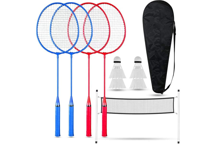 FK Sports 4 Player Badminton Set with Net, Outdoor Backyard Games, 4 Rackets, 4 Nylon Shuttlecocks, Racket Carry Bag,16.5ft Badminton Net With Poles and Anchors, Kids & Adults, Garden, Beach Play