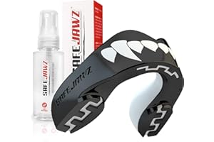 SAFEJAWZ Sports Mouthguard/Gum shield, Case and Cleaner Spray 50ml Bundle for Rugby, Boxing, Martial Arts, Lacrosse and all Contact Sports - Adults and Junior (Black/White, Adult (12+))