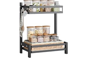 NETEL Supporto Porta Spezie da Appoggio a 2 Livelli, Antiruggine Mensola Portaspezie Ripiani Salvaspazio Organizer per Cucina con Ganci, 32.5 * 20 * 40cm, Nero